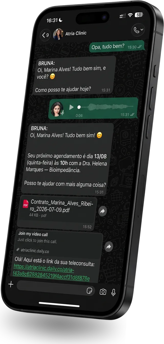 Atendimento da clínica no WhatsApp com a ATRIA